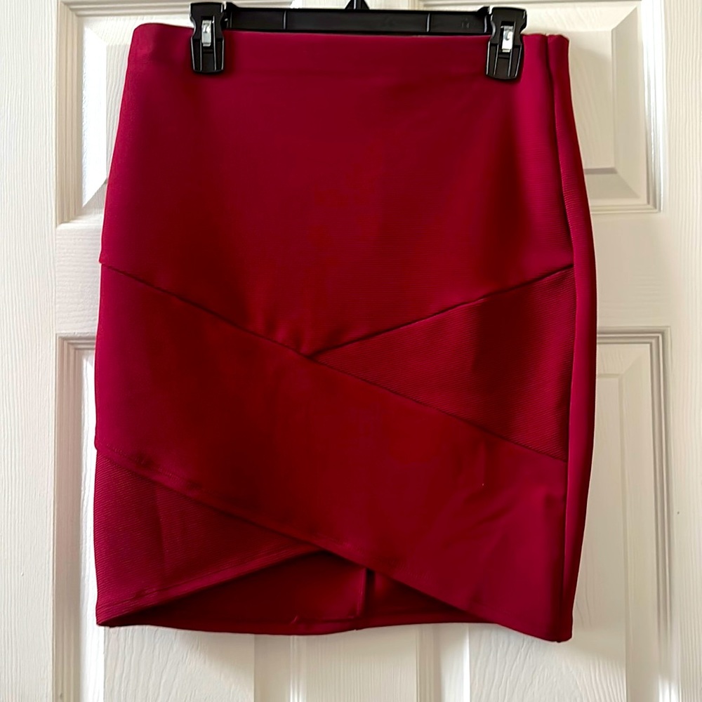 Red Asymmetrical Hem Bodycon Skirt
